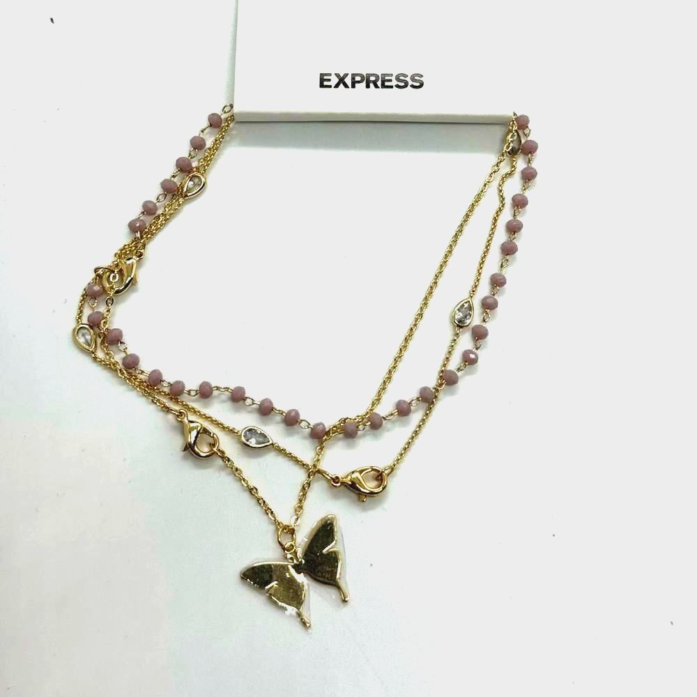Express Set of 3 Gold Tone Anklets Butterfly Charm Crystal Bead NWT